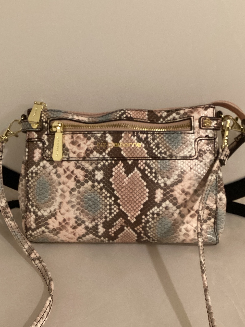 Liz Claiborne Snake-Print Crossbody in Pink, Blue and Brown